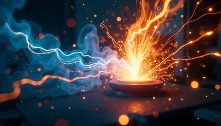 Abstract energy burst with electric sparks and smoke wavesの写真素材