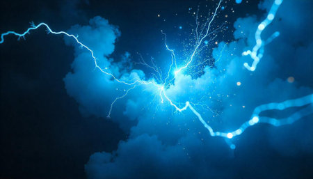 Electric blue lightning bolts illuminate a dark stormy skyの写真素材