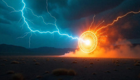 Dramatic desert landscape with lightning strikes and energy circle