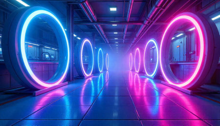 Sci-fi tunnel with glowing neon rings and blue lighting