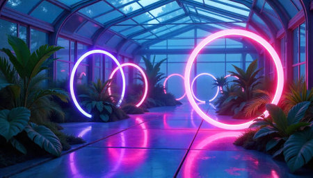 Greenhouse with tropical plants and glowing pink neon circles
