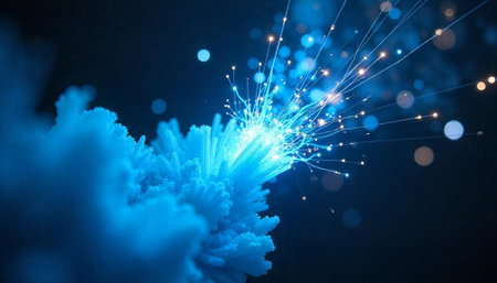Abstract blue crystal structure with glowing fiber optic strands