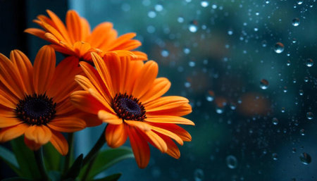 Bright orange daisies against a window with raindrops, close-upの写真素材