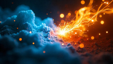 Abstract energy clash sparks between cool blue and hot orangeの写真素材