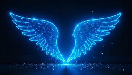 Glowing blue neon wings sparkle against a dark backgroundの写真素材