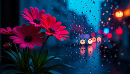 Pink flowers next to a window with raindrops at nightの写真素材