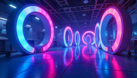 Neon Rings in Industrial Space with Symmetrical Reflectionsの写真素材