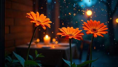 Gerbera flowers in a rainy window with blurred backgroundの写真素材