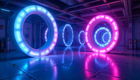 Neon Light Rings in Futuristic Corridor with Reflectionの写真素材