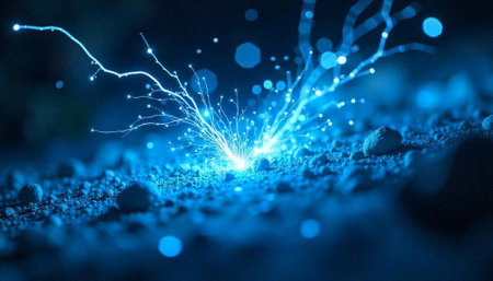 Abstract blue energy source bursting from rocky ground surface