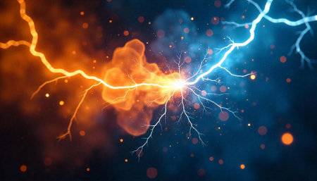Electric charge collision in dark blue and orange backgroundの写真素材