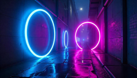 Neon illuminated circles in an urban alleyway at nightの写真素材