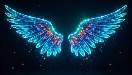 Glowing neon angel wings against a dark cosmic backgroundの写真素材
