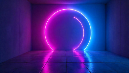 Neon circle in a minimalist geometric room with reflections