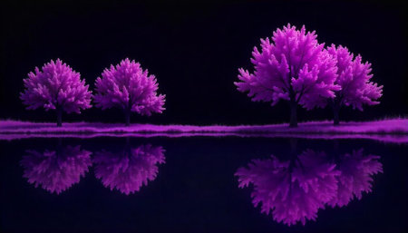 Purple Trees Reflection Serene Landscape Dark Background Stock Photoの写真素材