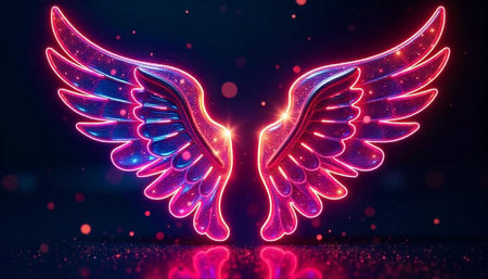 Neon illuminated wings shining with cosmic light and energy