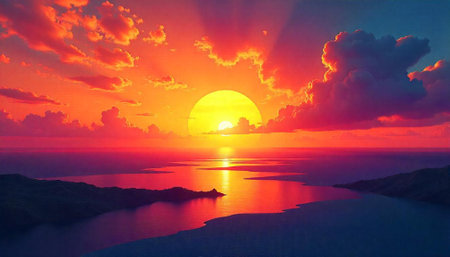 Dramatic sunset over the ocean with island silhouettesの写真素材