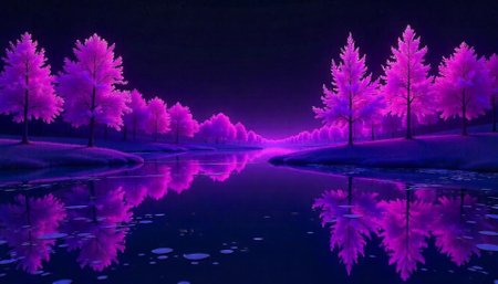 Dreamy landscape with pink trees and mirrored water surface