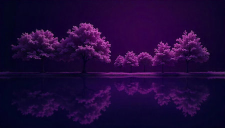 Purple trees reflected in a serene pond landscape scene