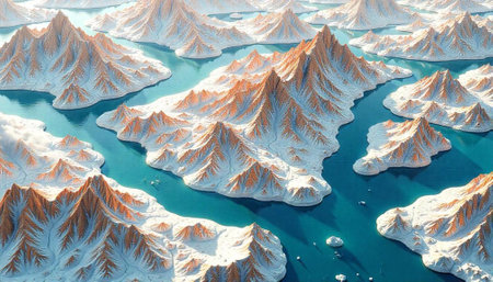 Aerial view of snow-capped mountains and teal waterscapeの写真素材