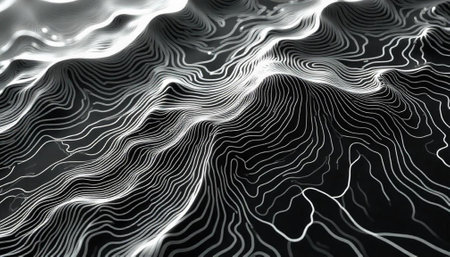 Abstract topographic elevation lines on grayscale landscape background