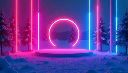 Neon winter scene with trees and product display stageの写真素材