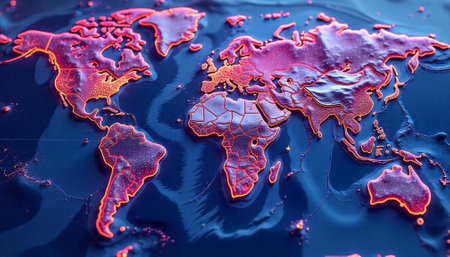 Detailed world map rendered with glowing relief continents designの写真素材
