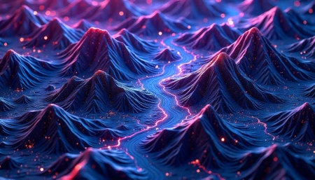 Abstract mountain range with river flowing through in blue hues