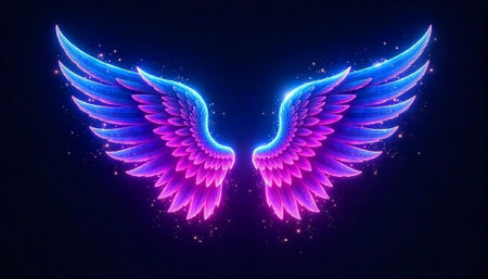 Illuminated glowing angel wings on a dark backgroundの写真素材