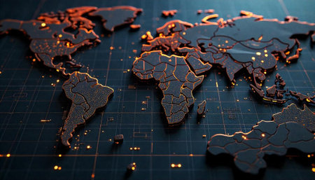 Detailed world map displaying illuminated global network connectionsの写真素材