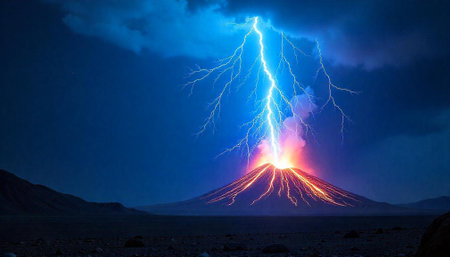 Erupting Volcano with Lightning Strikes on a Dramatic Night