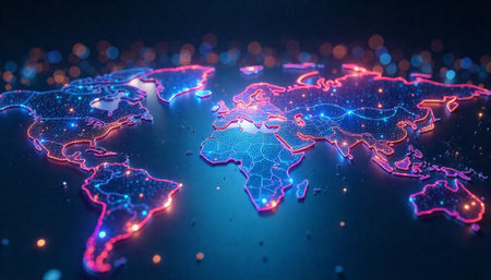 Glowing world map depicting global connectivity and technology networkの写真素材