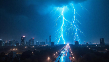 City skyline illuminated by vibrant lightning strike at nightの写真素材