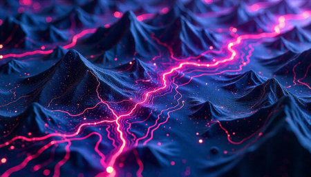 Abstract glowing network over dark mountain range landscapeの写真素材