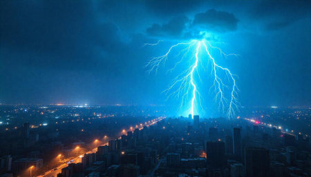 Dramatic lightning strike over cityscape at night, urban sceneの写真素材