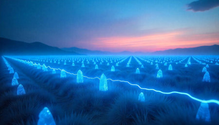 Field of luminous stones at sunrise with glowing lineの写真素材