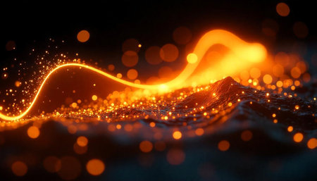 Abstract Glowing Light Trail Over Dark Mountainous Landscapeの写真素材