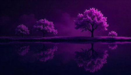 Purple landscape with trees and reflections on dark waterの写真素材