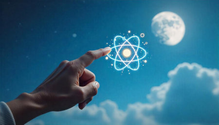 Hand interacting with glowing atom against night sky backdropの写真素材