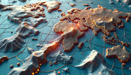 Detailed world map with raised continents and cracked earth