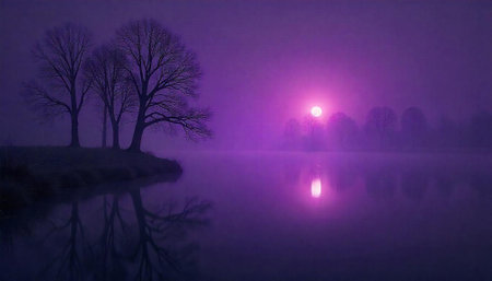 Tranquil purple moonlit lake with trees and fogの写真素材