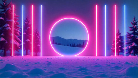 Neon winter landscape with mountains and trees background sceneryの写真素材