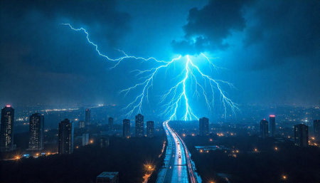 Powerful lightning strike over urban cityscape at night sceneryの写真素材