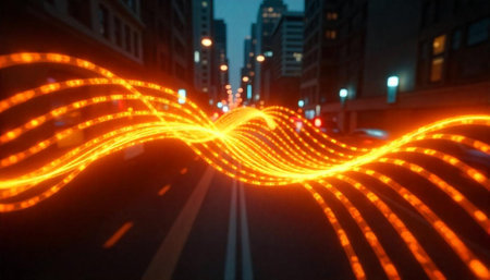 Bright orange network data lines over urban city street