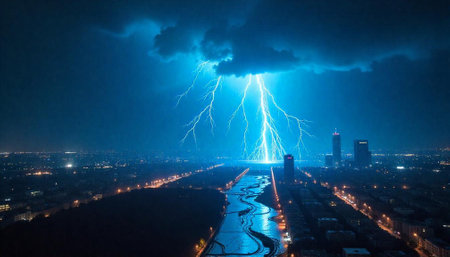 Lightning storm illuminates cityscape with electric blue energyの写真素材