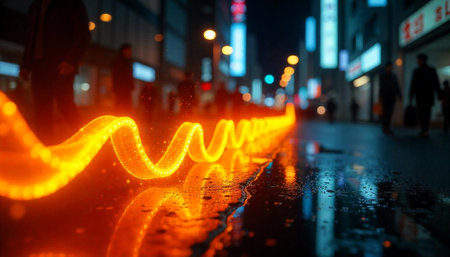 City street with glowing light cable and reflection effectの写真素材