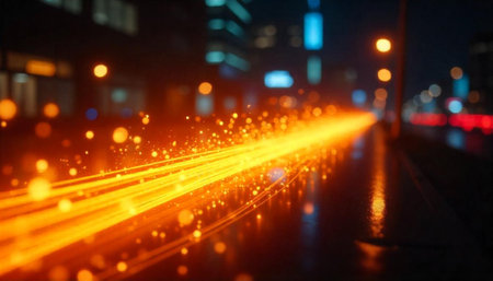 Abstract speed lines on a dark reflective city streetの写真素材