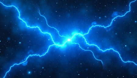 Electric blue lightning bolts in night sky stock imageの写真素材