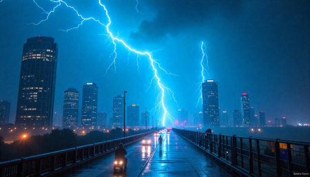 City skyline struck by lightning during intense thunderstorm