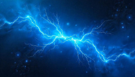 Electric Blue Lightning Strikes Across a Dark Skyの写真素材
